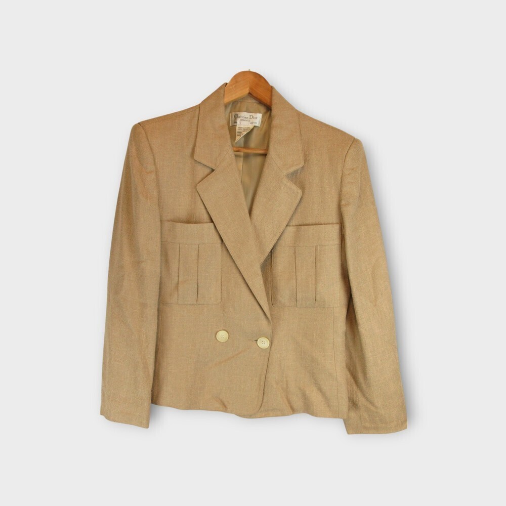 Christian Dior Tan Camel Silk Blend Cropped Blazer Size L Boxy Double Breasted